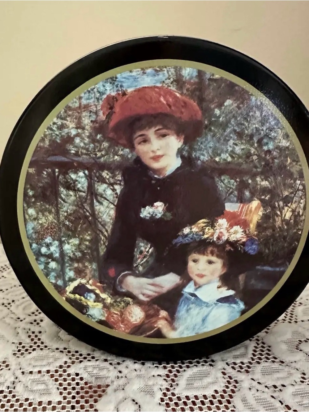 Vintage Collectible Round Metal Tin with Lid French Artwork “Two Sisters”